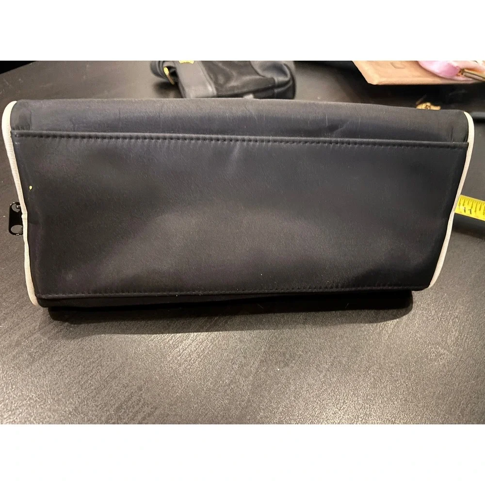 Chanel Beaute Black Nylon Cosmetic Bag Travel Makeup Pouch White Logo Piping